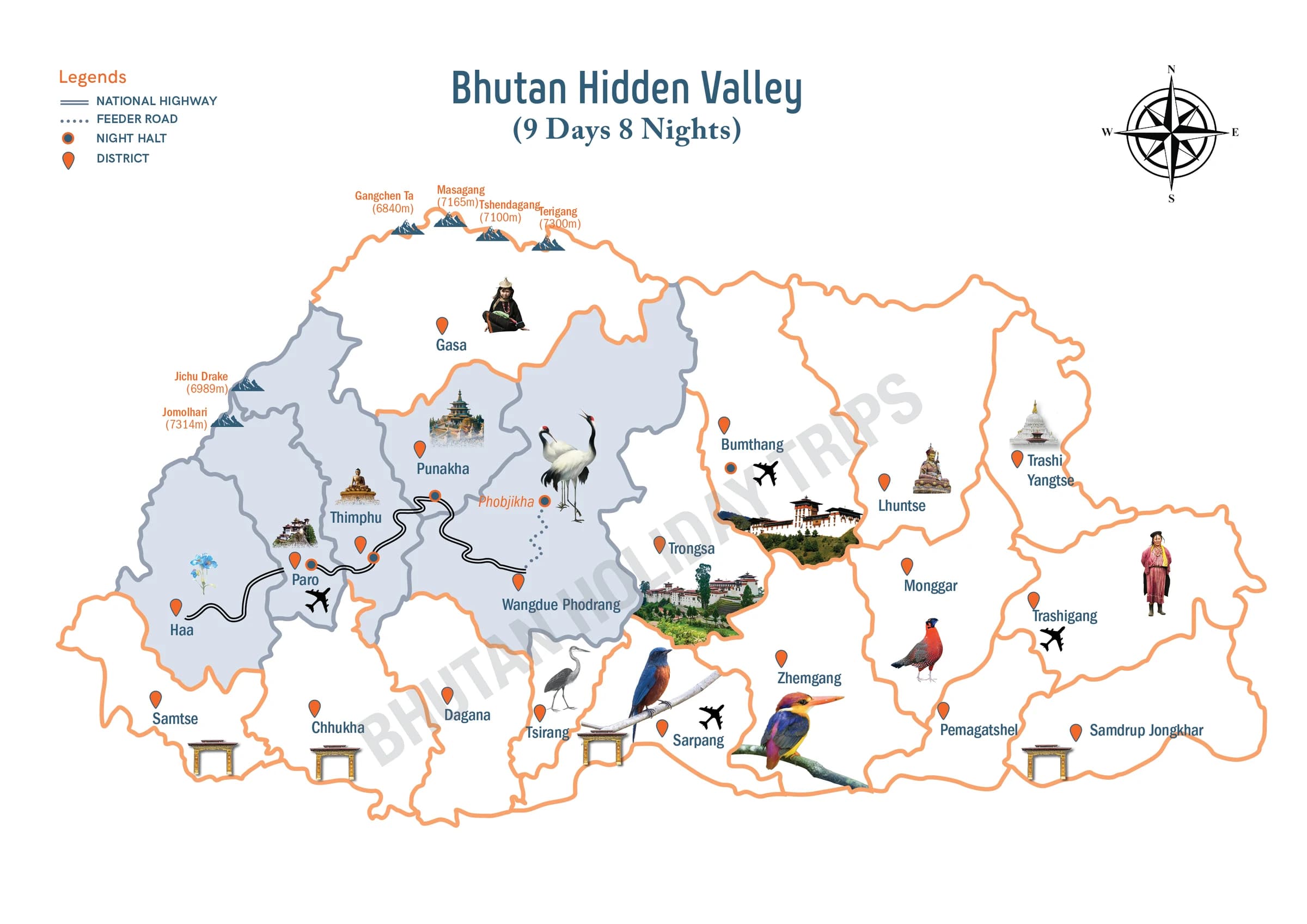 Illustrated route map of the Bhutan Hidden Valleys Tour across Bhutan, showing the tour route and overnight-halt markers