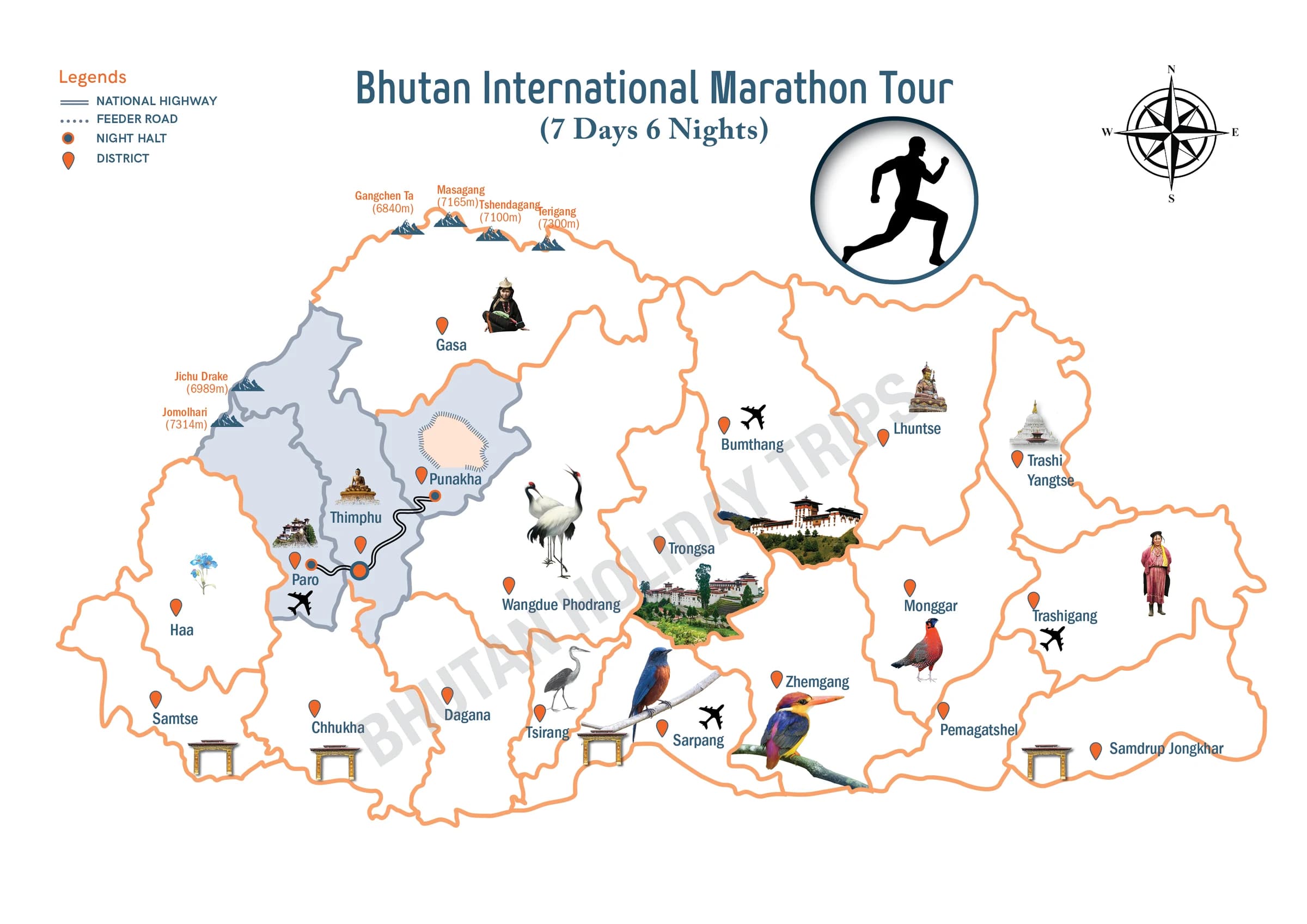 Illustrated route map of the Bhutan International Marathon across Bhutan, showing the tour route and overnight-halt markers