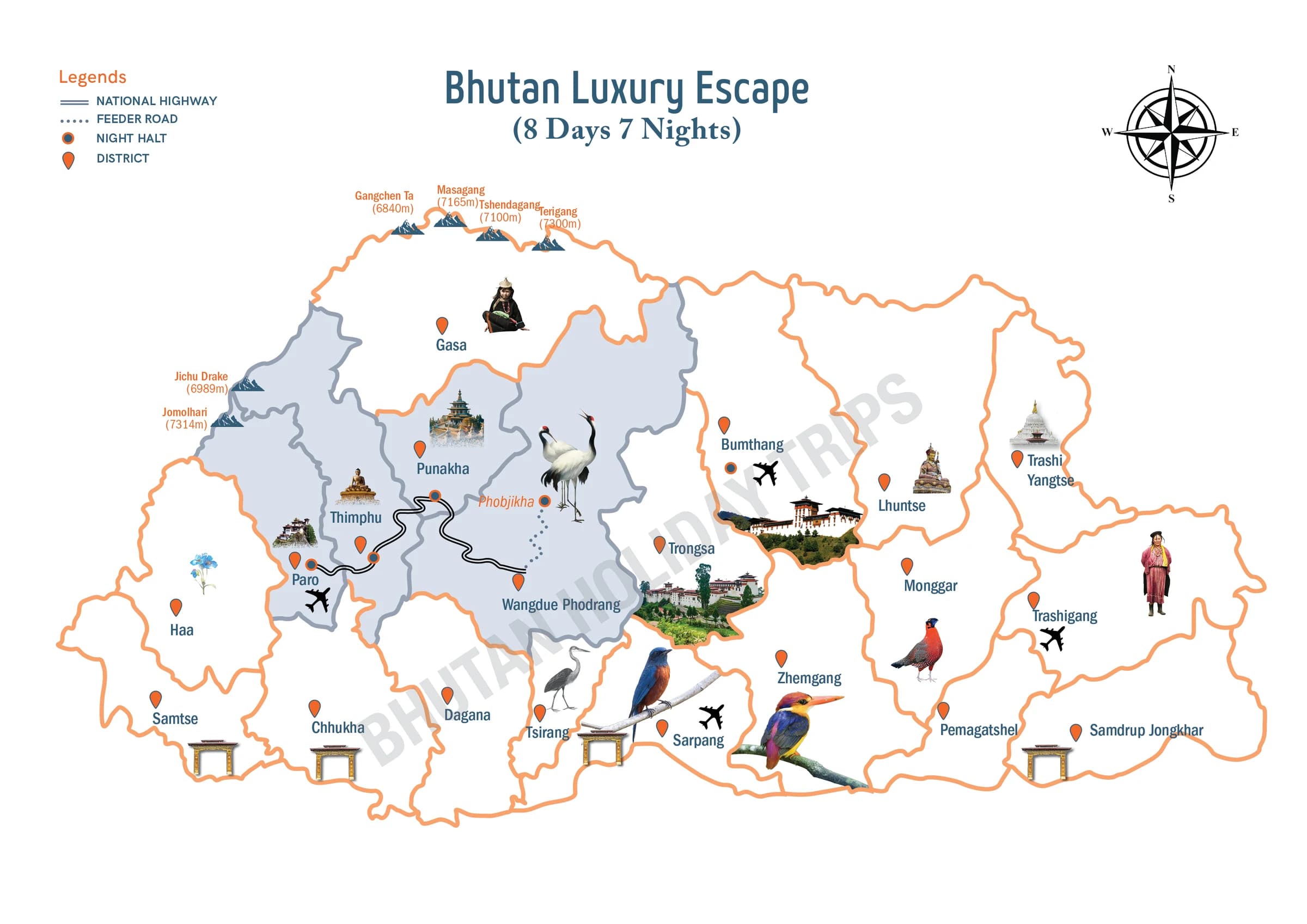 Illustrated route map of the Bhutan Luxury Escape Tour across Bhutan, showing the tour route and overnight-halt markers