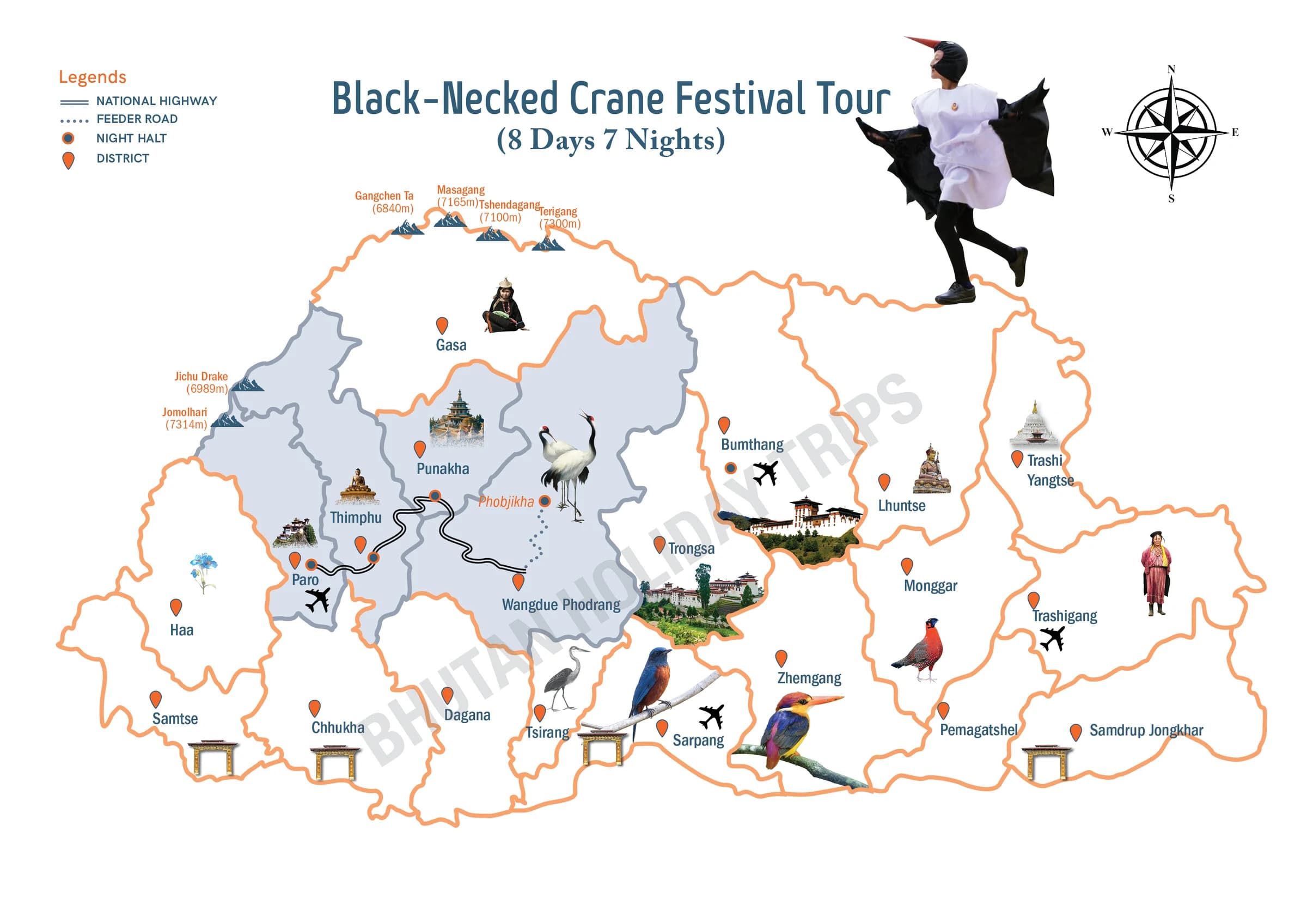 Illustrated route map of the Black-Necked Crane Festival Tour across Bhutan, showing the tour route and overnight-halt markers