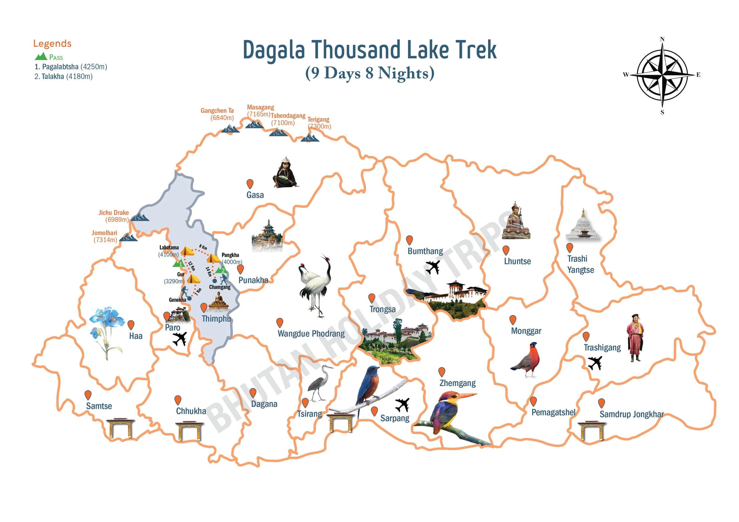 Illustrated route map of the Dagala Thousand Lakes Trek across Bhutan, showing the tour route and overnight-halt markers