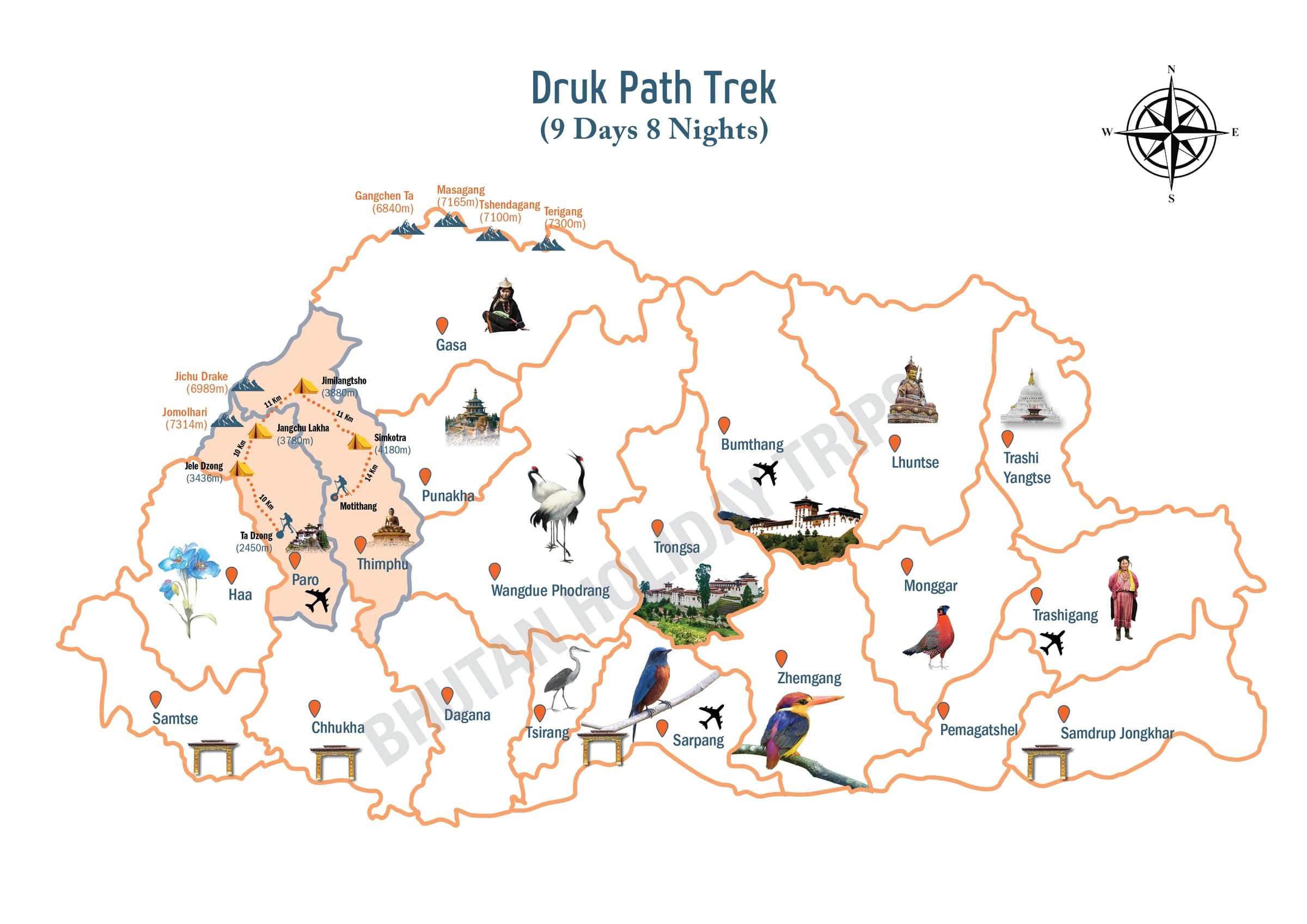 Illustrated route map of the Druk Path Trek across Bhutan, showing the tour route and overnight-halt markers
