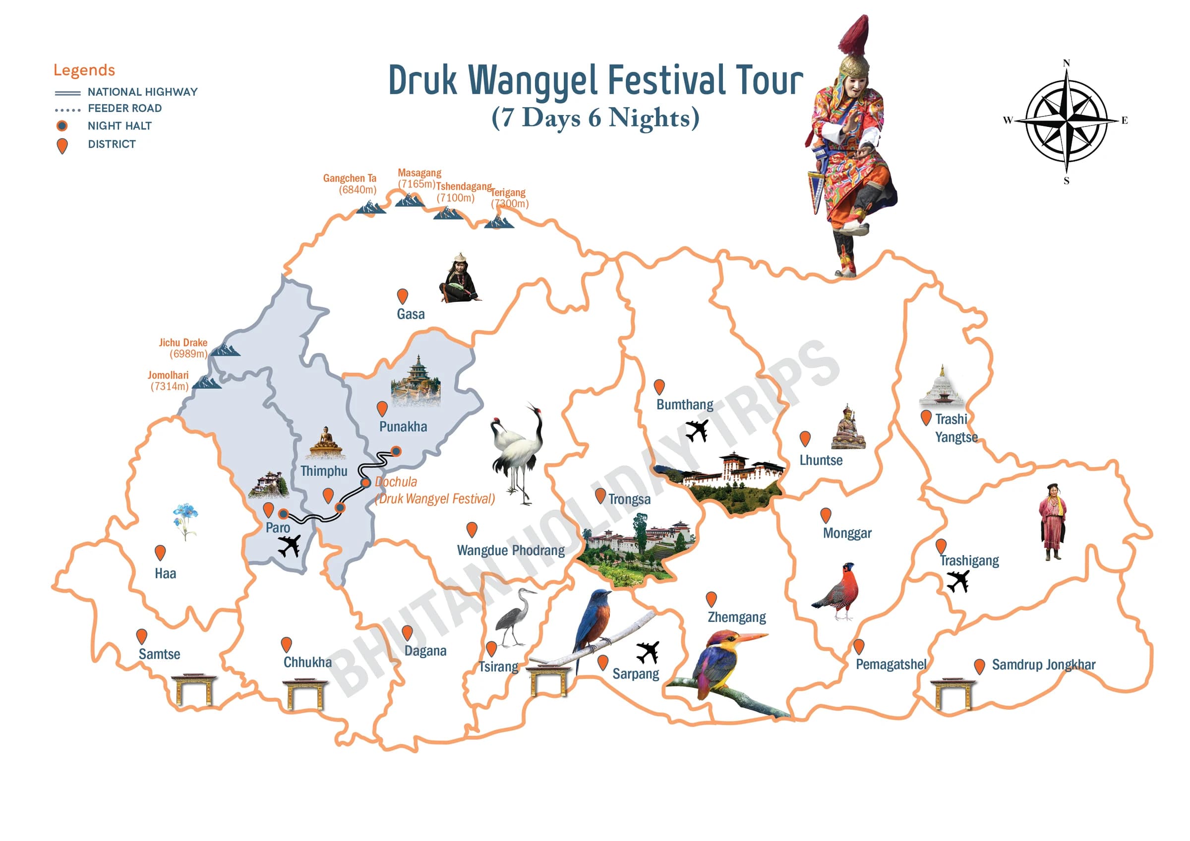 Illustrated route map of the Druk Wangyel Festival Tour across Bhutan, showing the tour route and overnight-halt markers