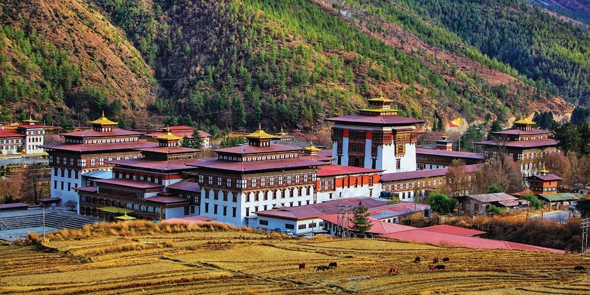 Tashichho Dzong surrounded by terraced fields