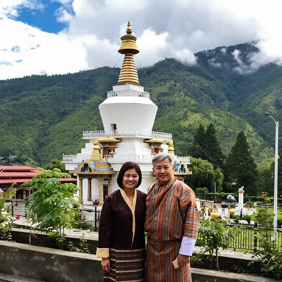 Guests in traditional Bhutanese dress in front of a chorten