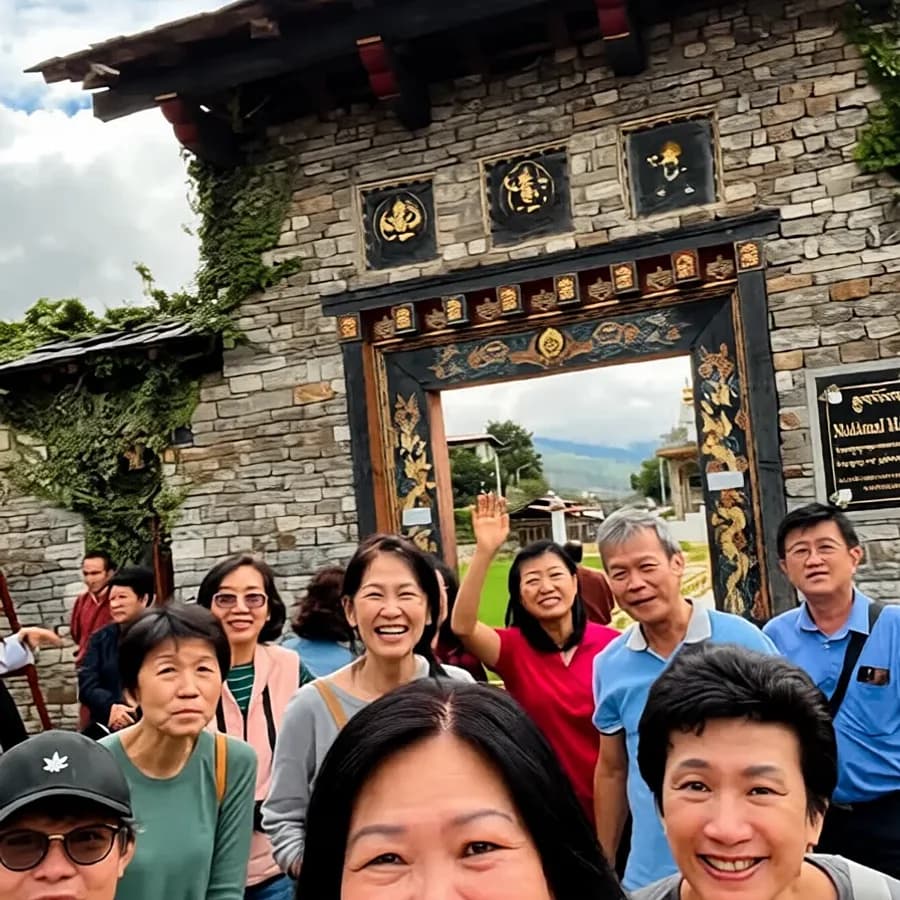 A group of travelers at an ornate monastery gateway