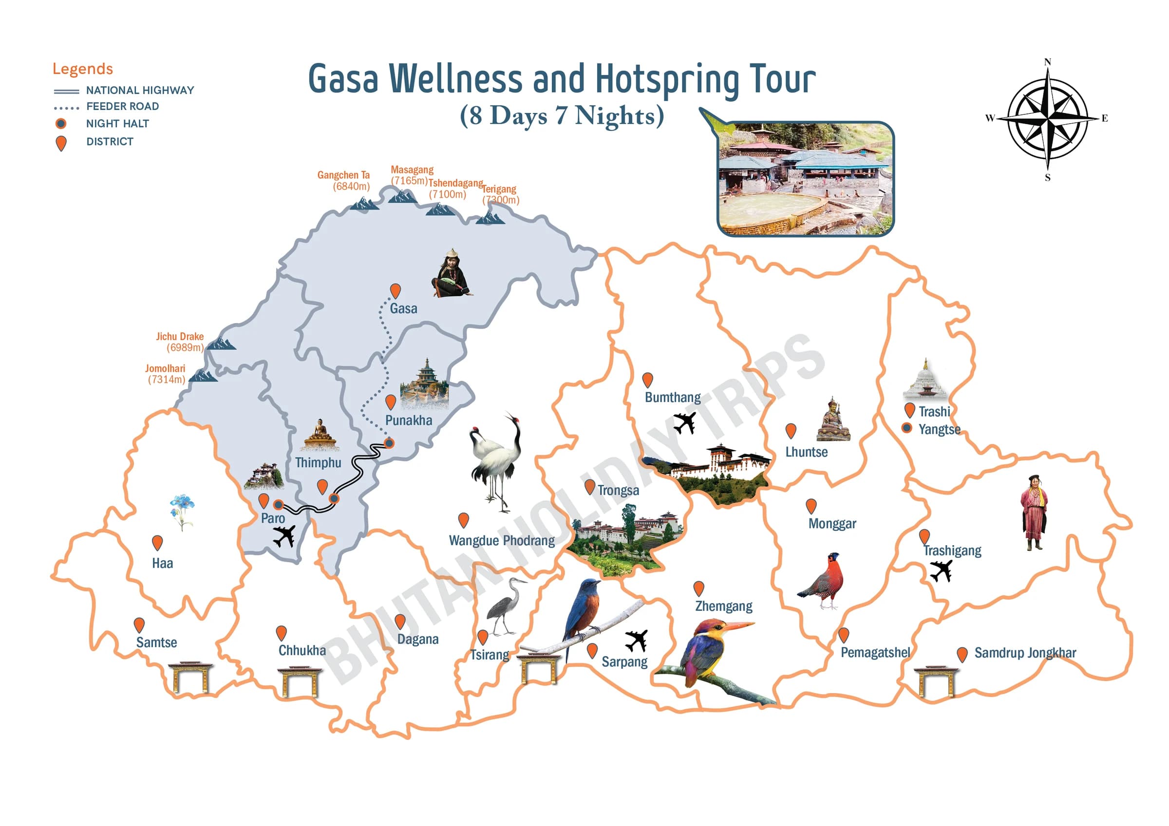 Illustrated route map of the Gasa Wellness & Hot Spring Tour across Bhutan, showing the tour route and overnight-halt markers