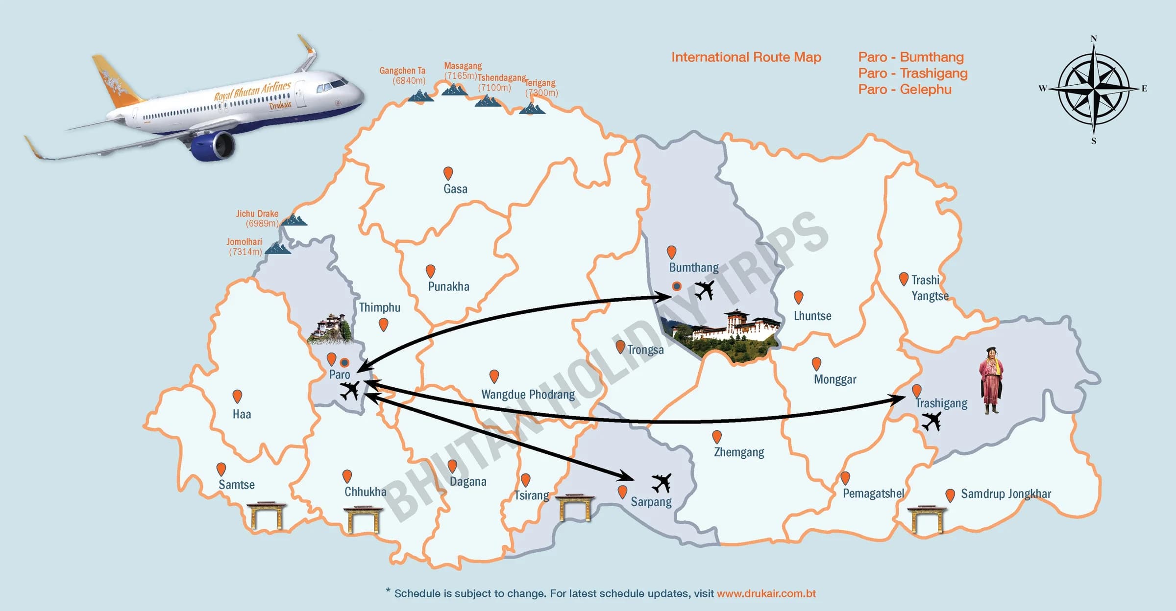 Drukair domestic route map showing flights from Paro to Bumthang, Trashigang (Yongphula) and Gelephu