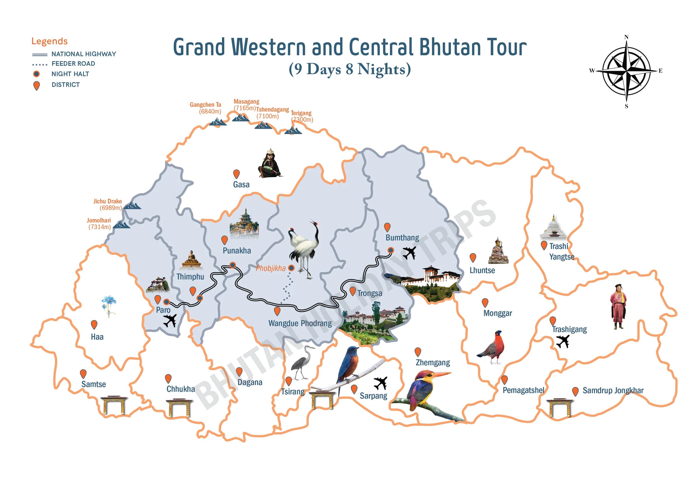 Illustrated route map of the Grand Western & Central Bhutan Tour across Bhutan, showing the tour route and overnight-halt markers