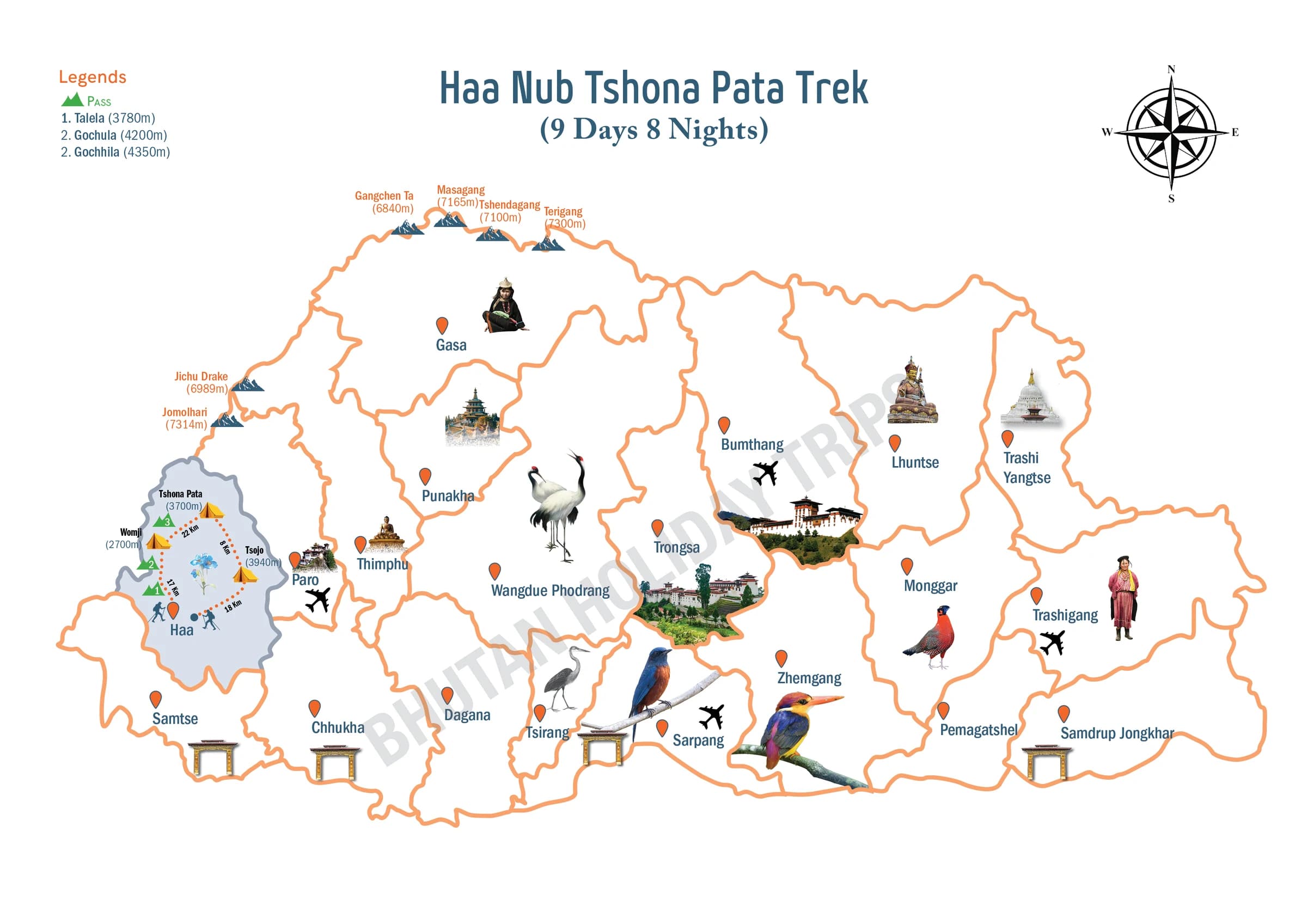 Illustrated route map of the Haa Nub Tshonapata Trek across Bhutan, showing the tour route and overnight-halt markers