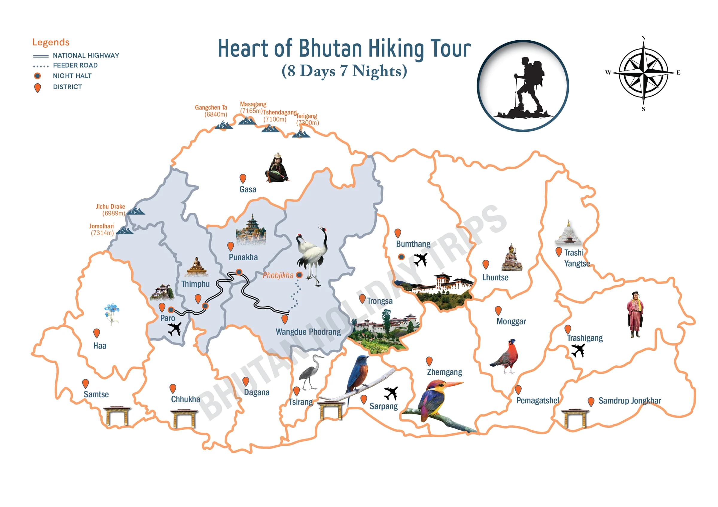 Illustrated route map of the Heart of Bhutan Hiking Tour across Bhutan, showing the tour route and overnight-halt markers