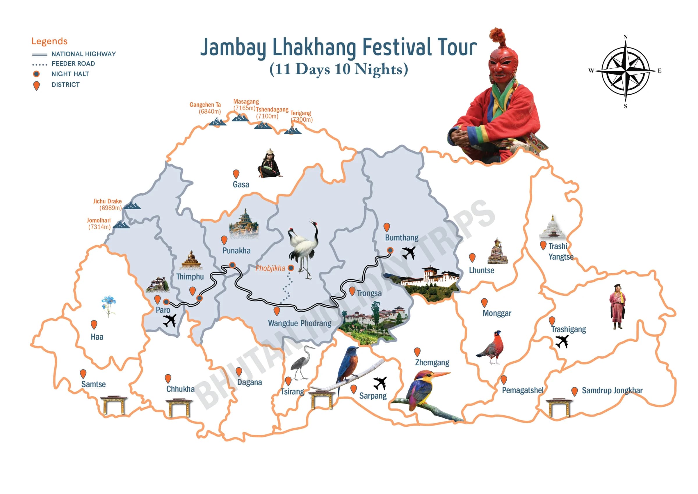 Illustrated route map of the Jambay Lhakhang Festival Tour across Bhutan, showing the tour route and overnight-halt markers