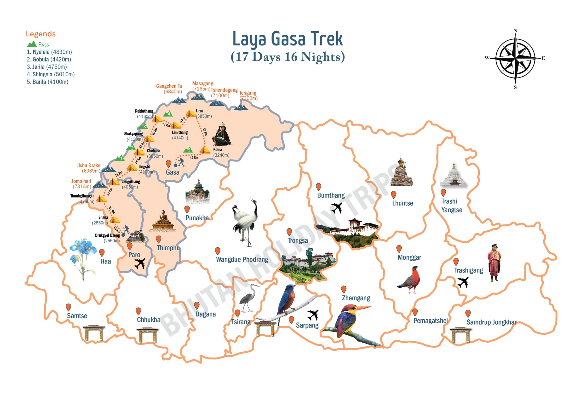 Illustrated route map of the Laya Gasa Trek across Bhutan, showing the tour route and overnight-halt markers