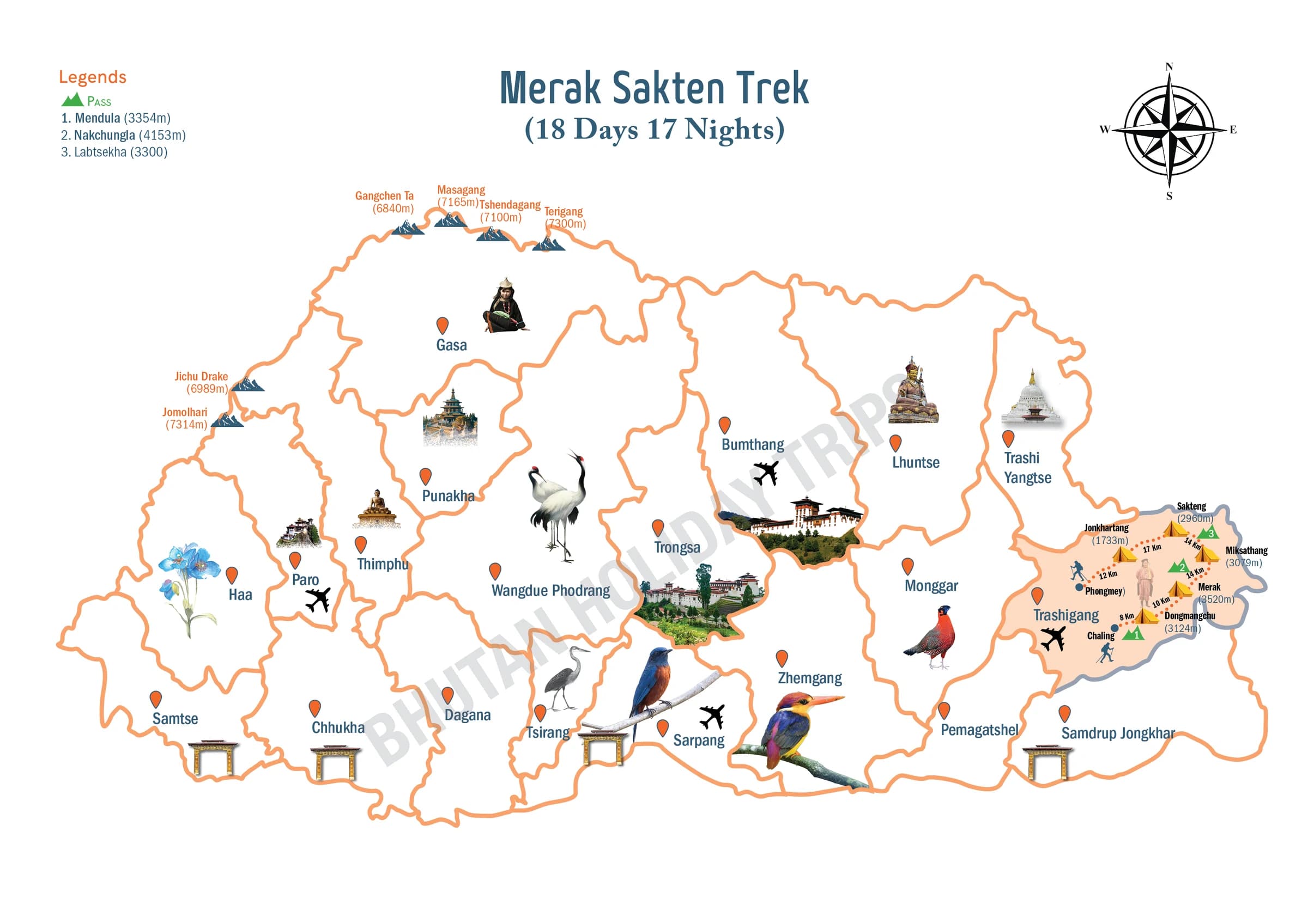 Illustrated route map of the Merak Sakteng Trek across Bhutan, showing the tour route and overnight-halt markers