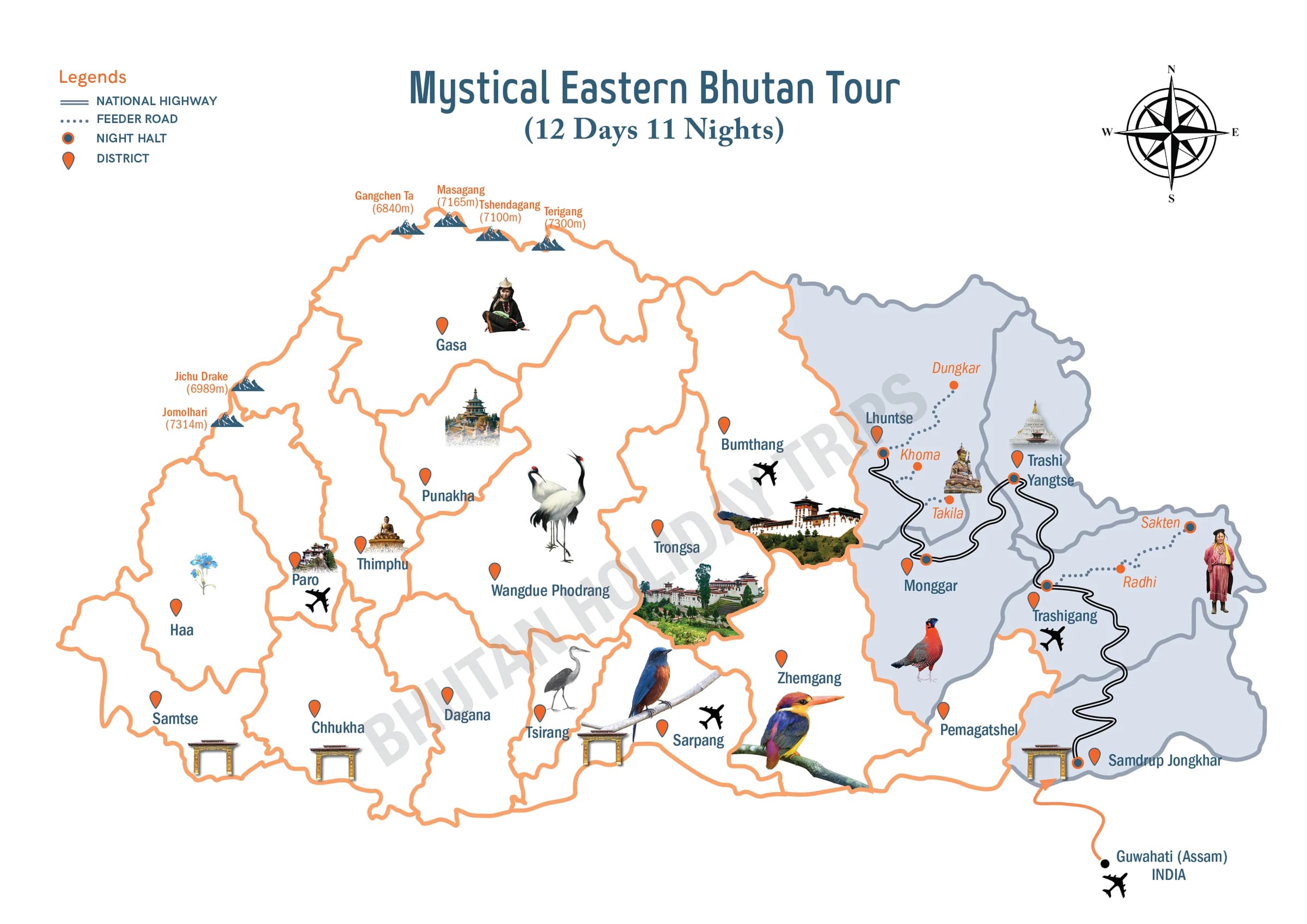Illustrated route map of the Mystical Eastern Bhutan Tour across Bhutan, showing the tour route and overnight-halt markers