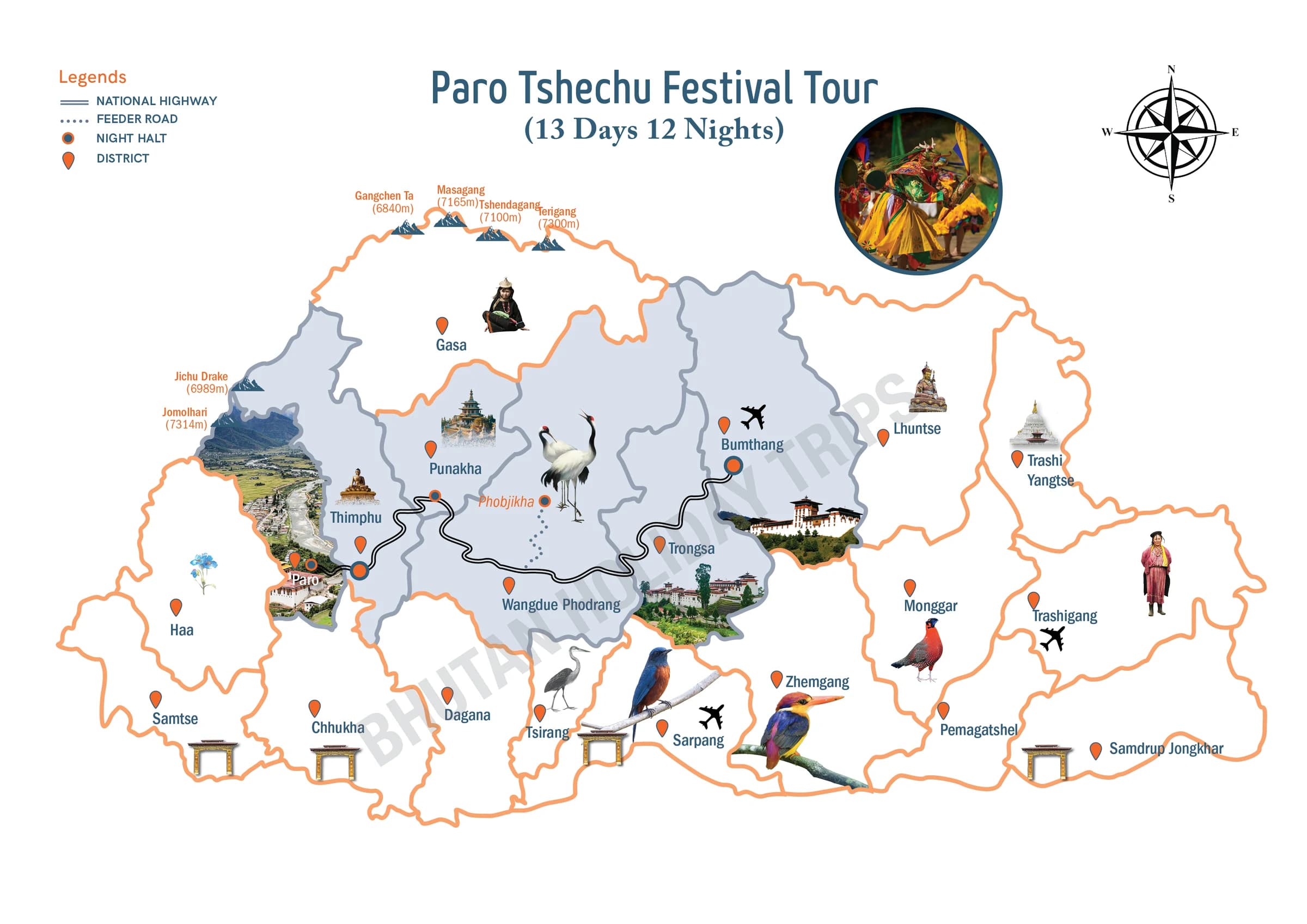 Illustrated route map of the Paro Tshechu Festival Tour across Bhutan, showing the tour route and overnight-halt markers