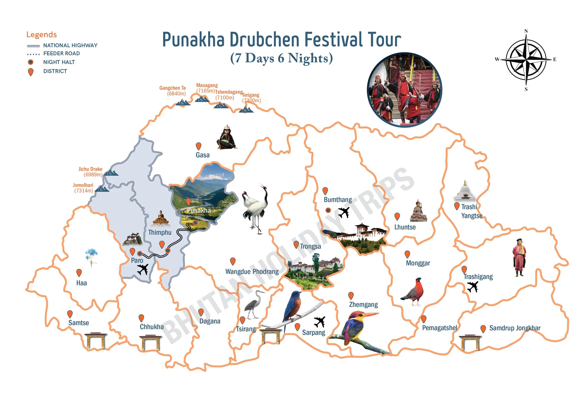 Illustrated route map of the Punakha Drubchen Festival Tour across Bhutan, showing the tour route and overnight-halt markers