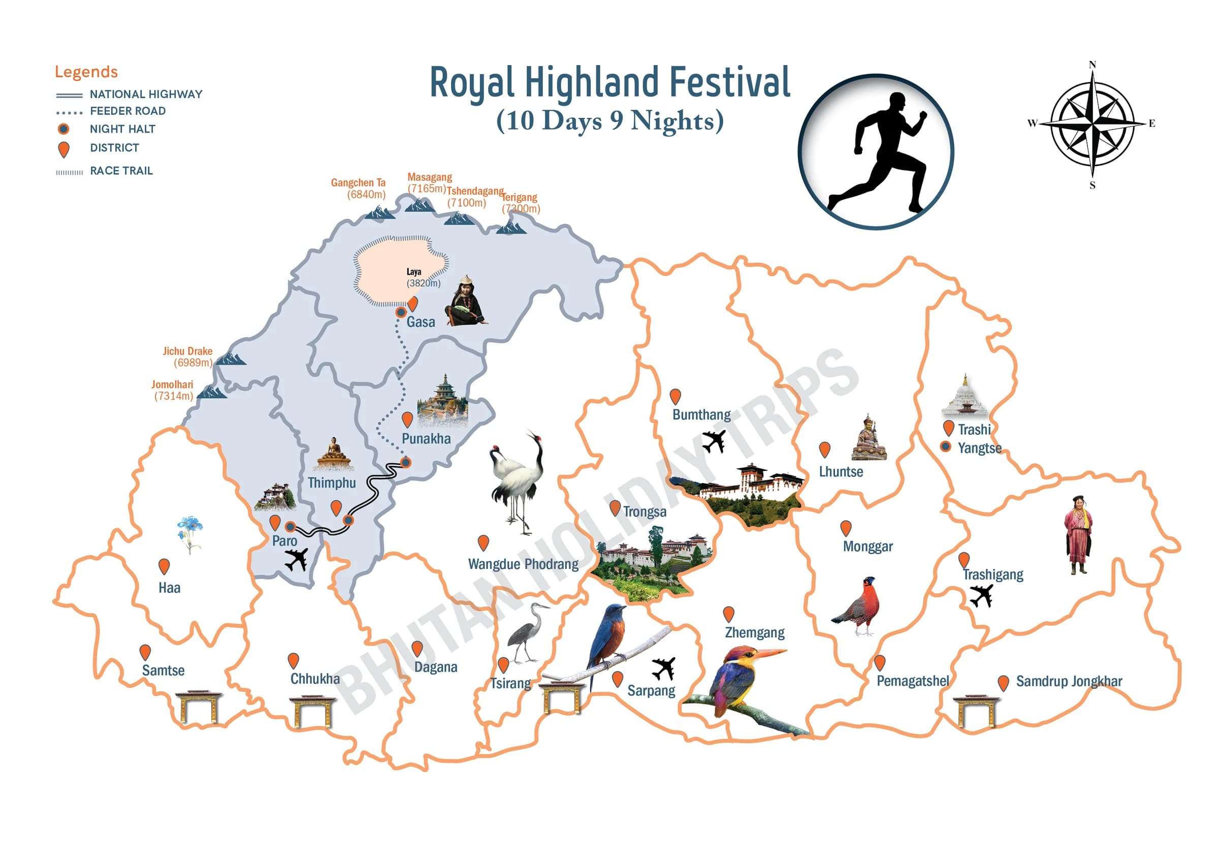 Illustrated route map of the Royal Highland Festival Tour across Bhutan, showing the tour route and overnight-halt markers
