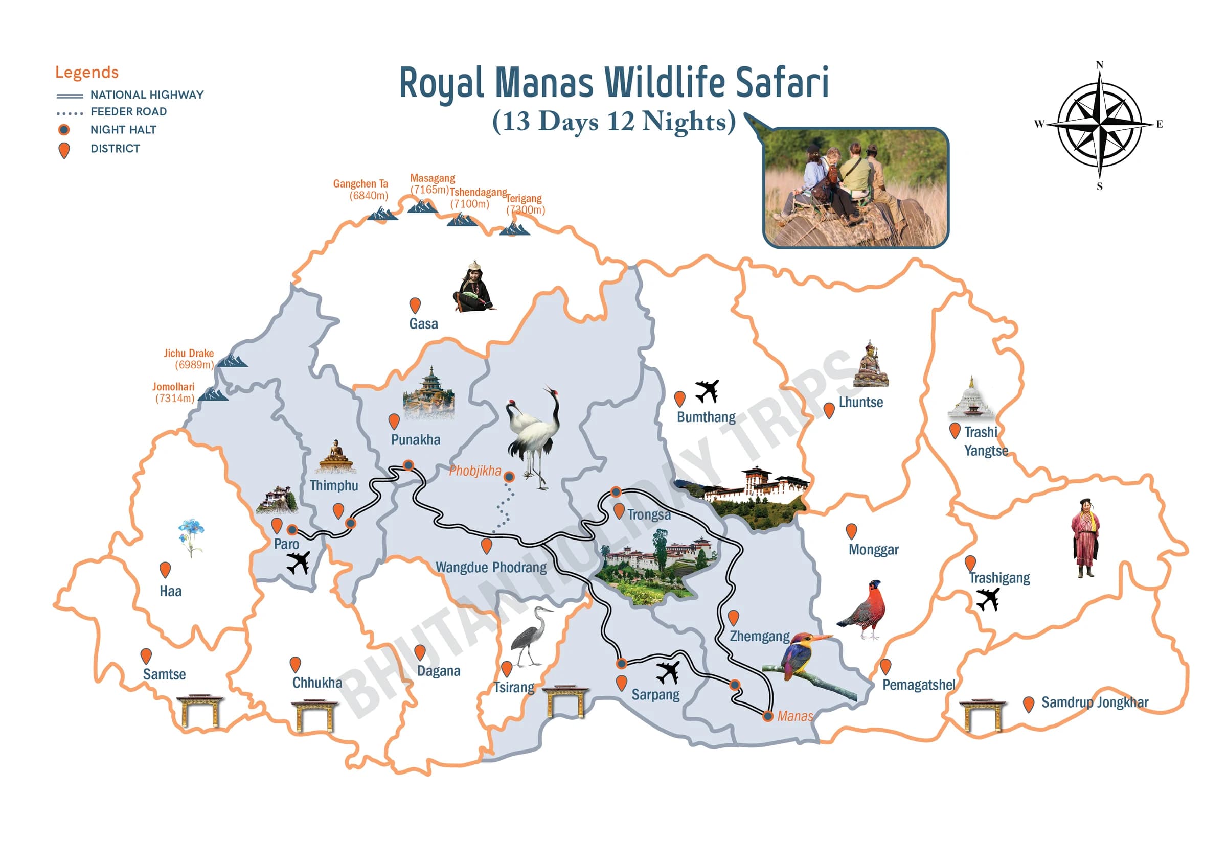 Illustrated route map of the Royal Manas Wildlife Safari across Bhutan, showing the tour route and overnight-halt markers