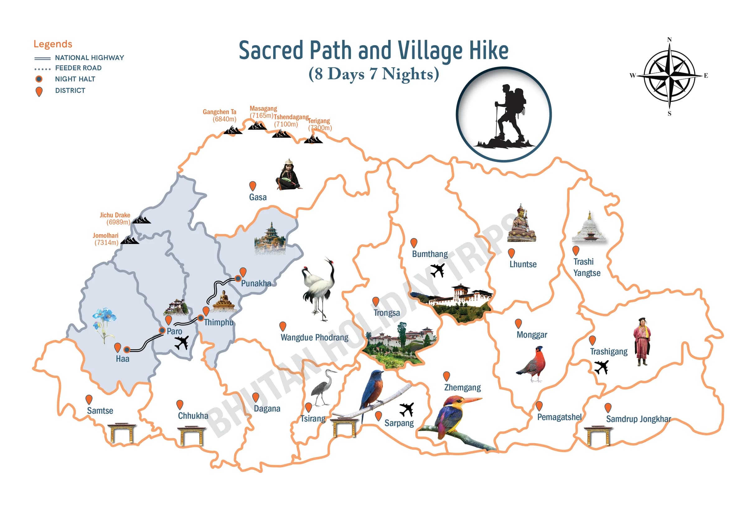 Illustrated route map of the Sacred Path and Village Hike across Bhutan, showing the tour route and overnight-halt markers