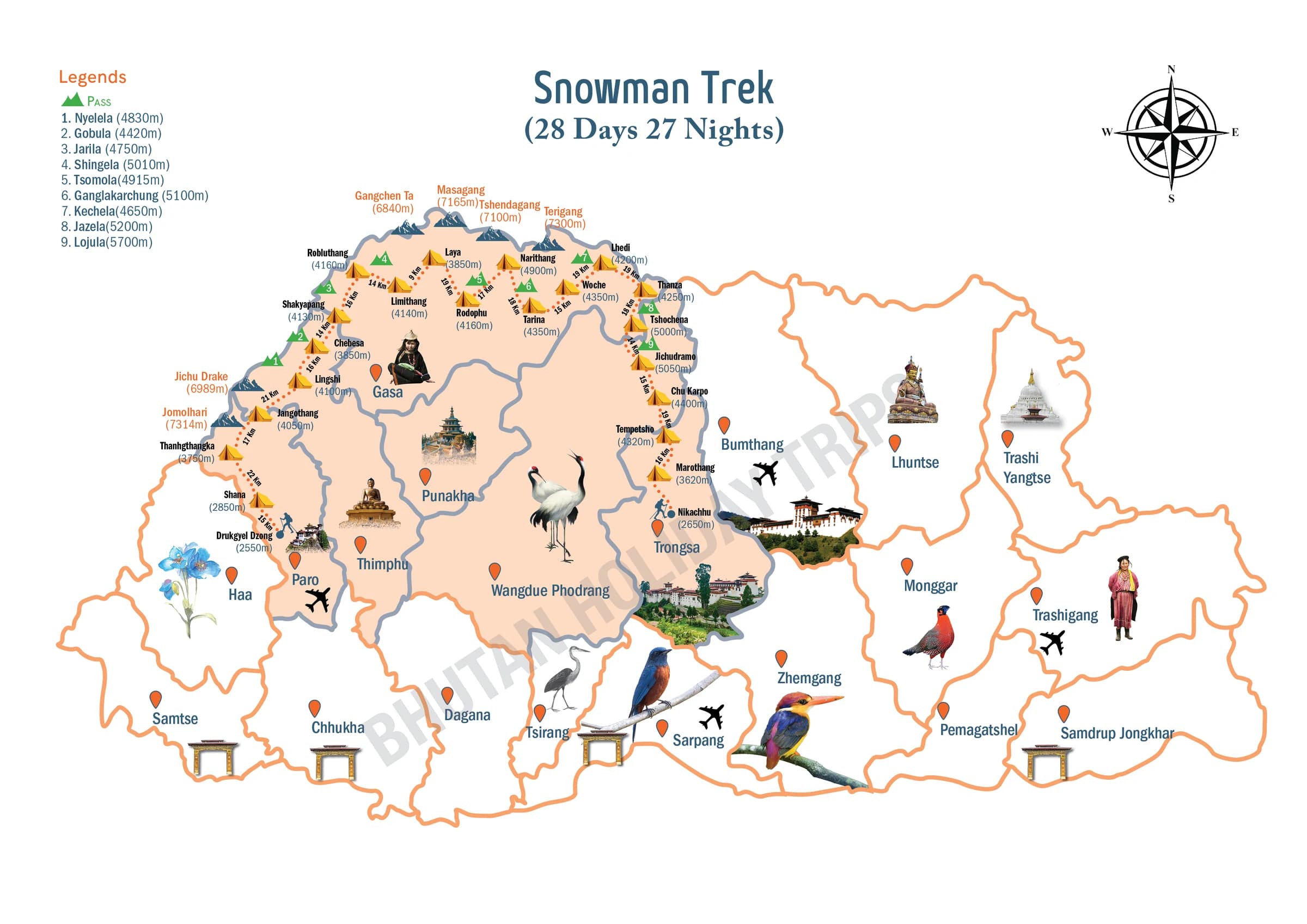 Illustrated route map of the Snowman Trek across Bhutan, showing the tour route and overnight-halt markers