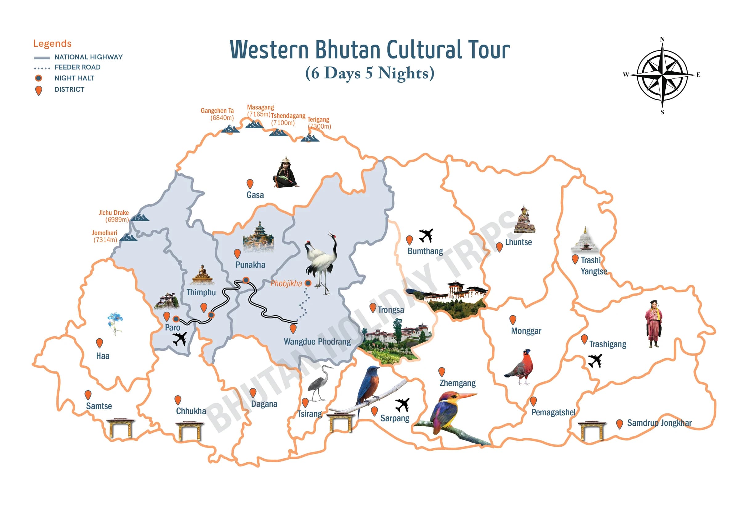 Illustrated route map of the Western Bhutan Cultural Tour across Bhutan, showing the tour route and overnight-halt markers