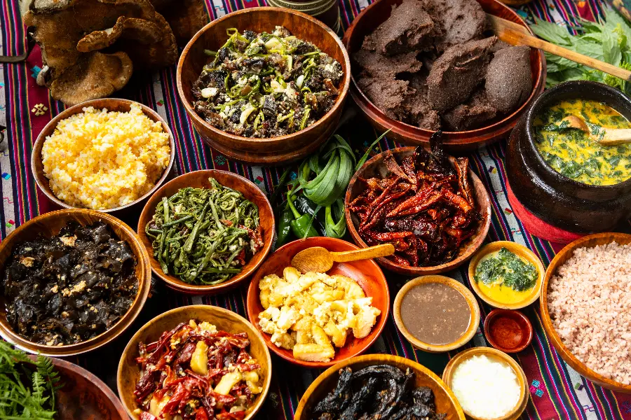 Traditional Bhutanese cuisine with local dishes and red rice